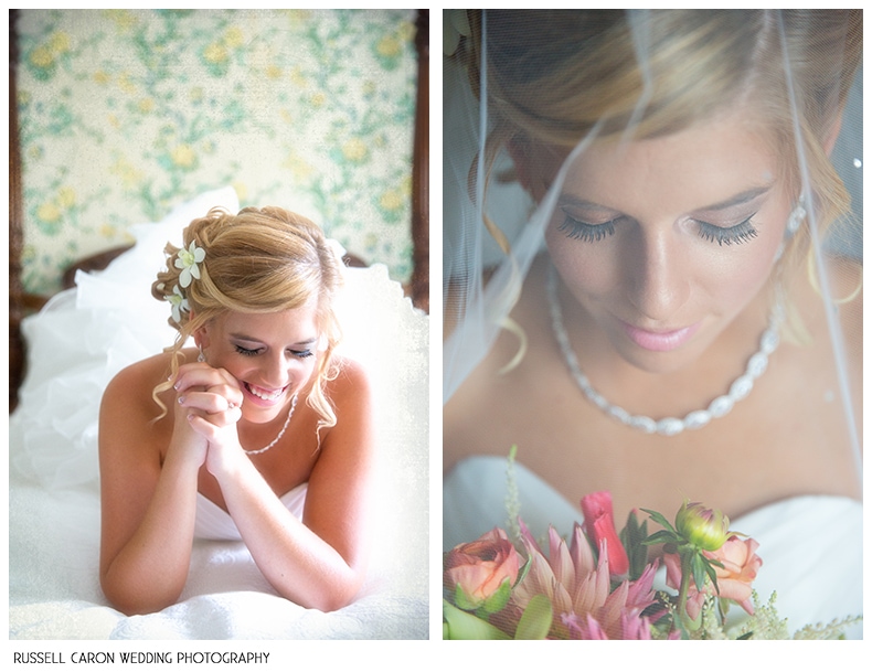 Bridal portraits in the bridal suite at the Manor House, Glen Magna Farms