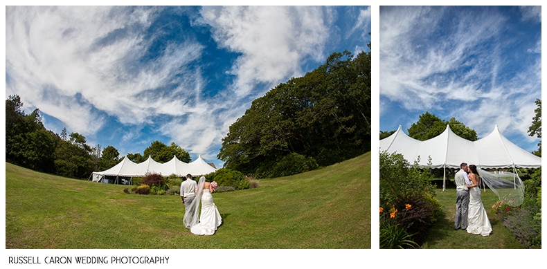 Bride and groom after the wedding ceremony at Stonehouse Manor, Phippsburg, Maine