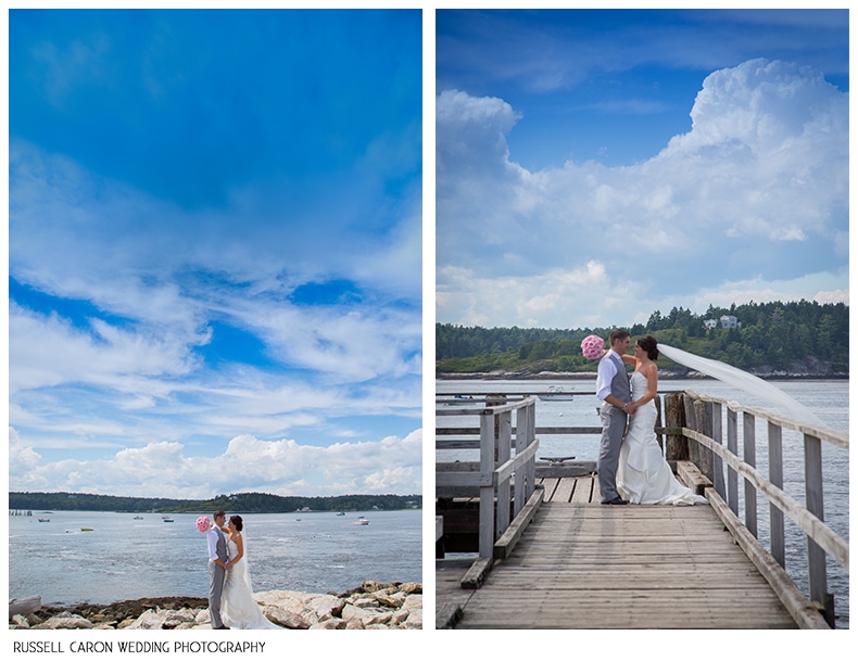Bride and groom on the dock at Fort Popham
