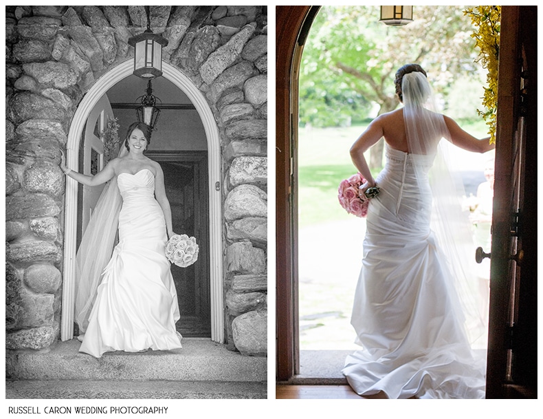Bridal portraits in the doorway of Stonehouse Manor, Phippsburg, Maine
