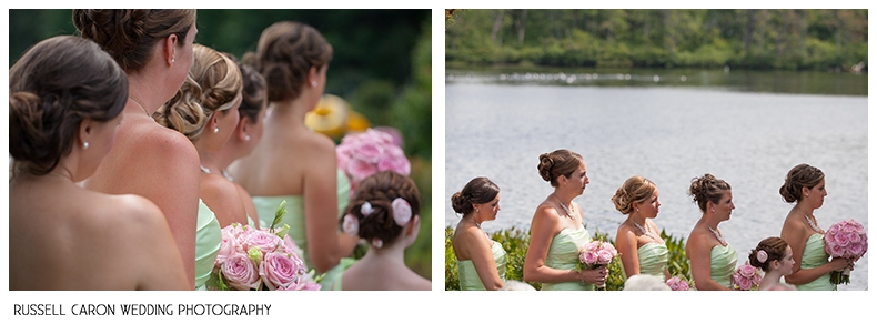 Bridesmaids during wedding ceremony at Stonehouse Manor, Phippsburg, ME