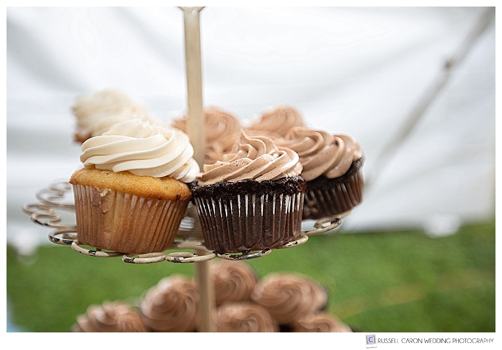 chocolate and vanilla cupcakes on a stand
