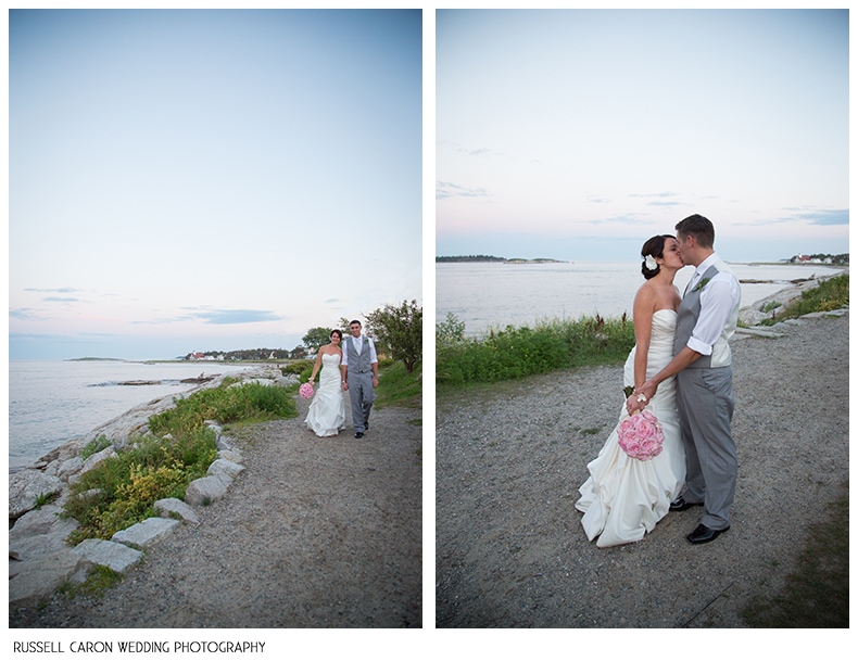 Bride and groom during sunset at Popham Beach, Phippsburg, Maine