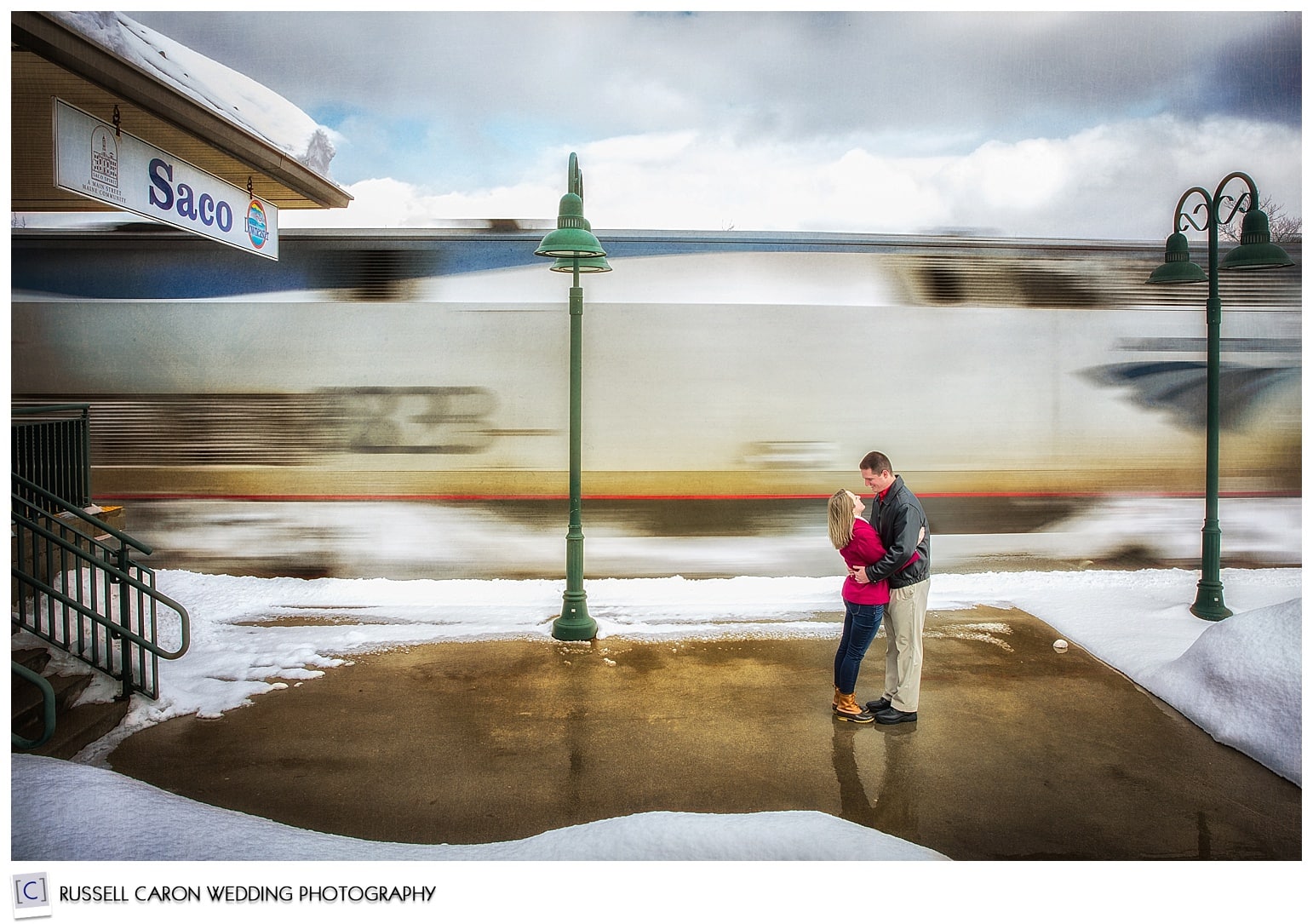 snowy southern maine engagement session