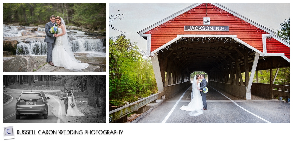 Bride and groom at covered bridge, Jackson, NH