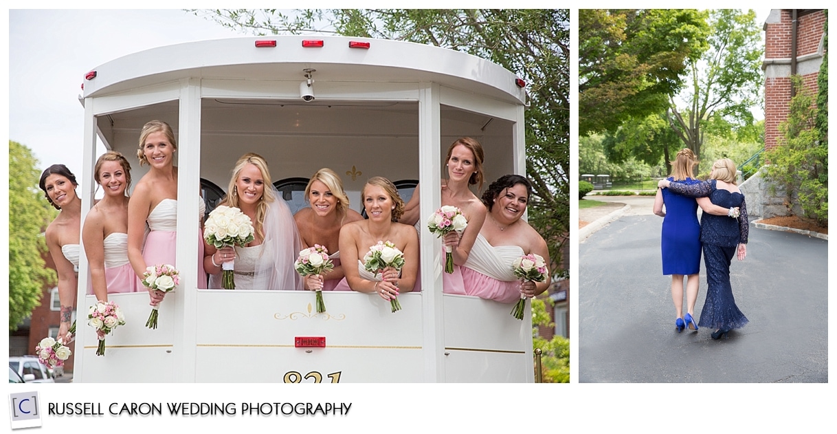 Bridesmaids on a trolley, mothers walking together