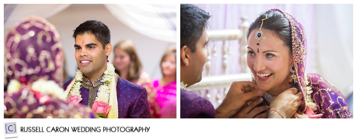 The Hindu groom gives his bride a necklace during the wedding ceremony