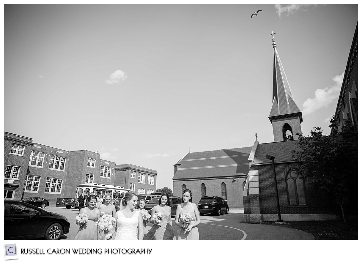 Bride and bridesmaids arriving at church