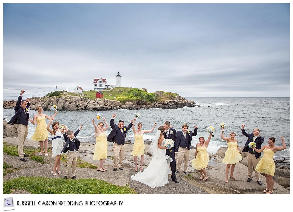 Bridal party at Nubble Light York Maine, by York Maine wedding photographers, Russell Caron Wedding Photography