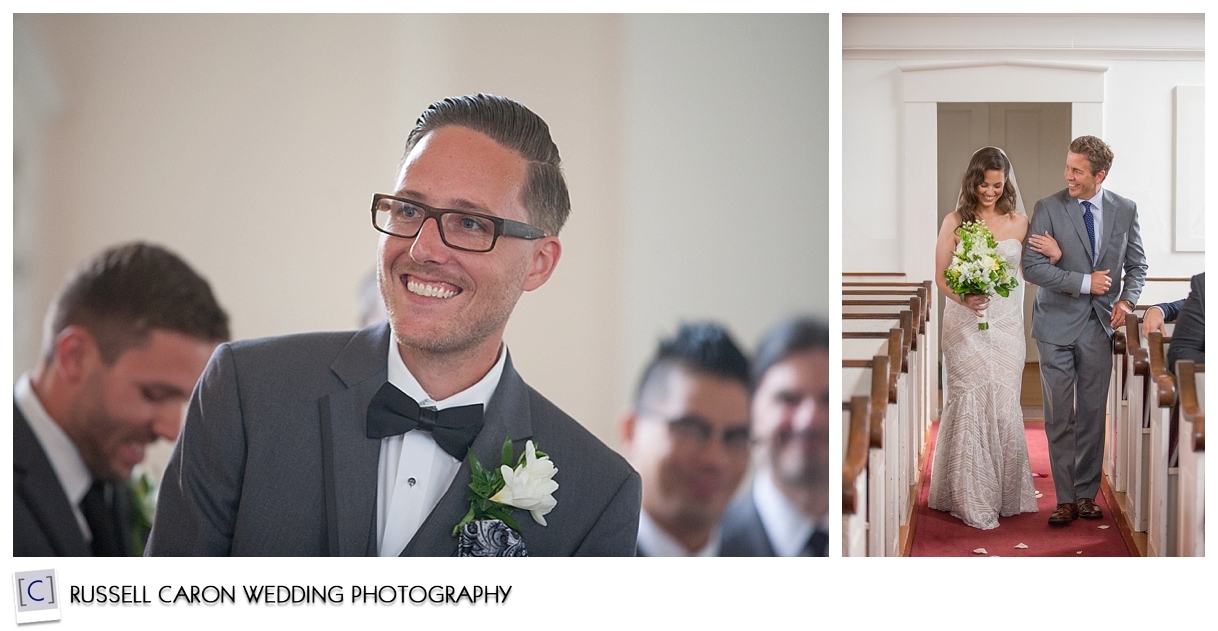 Groom, and bride walking down aisle