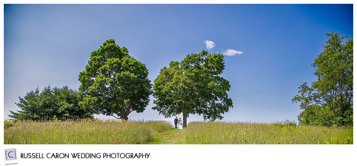 Bride and groom in field at Seven Sisters