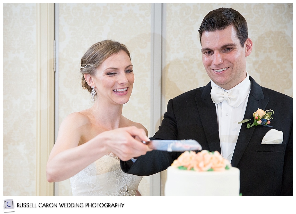 Bride and groom cutting cake