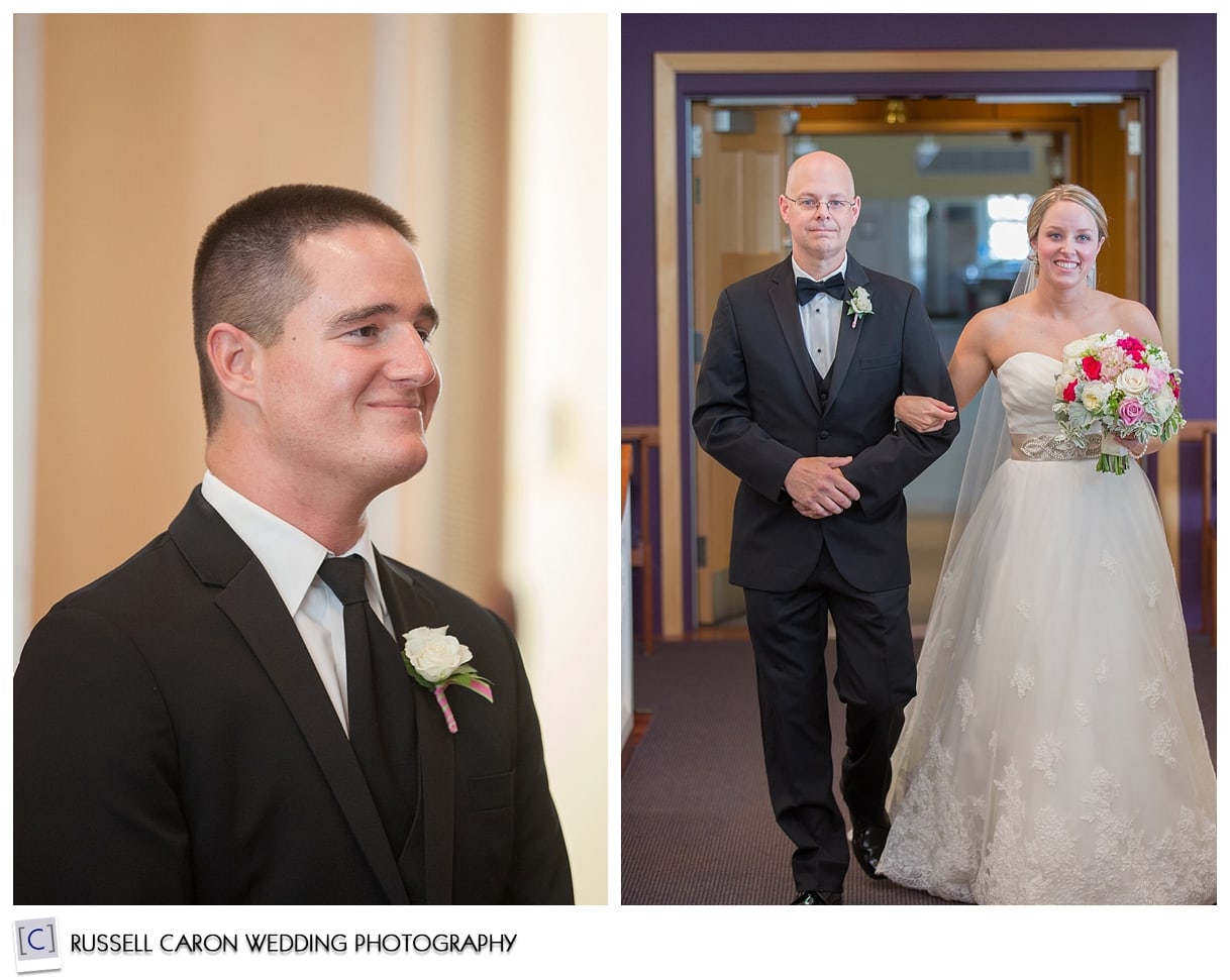 Hannah and her dad coming down the aisle, Mike at the altar