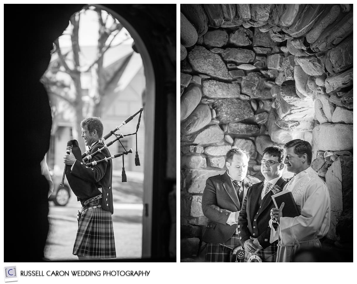 Bagpiper, groom, and groomsmen before the ceremony