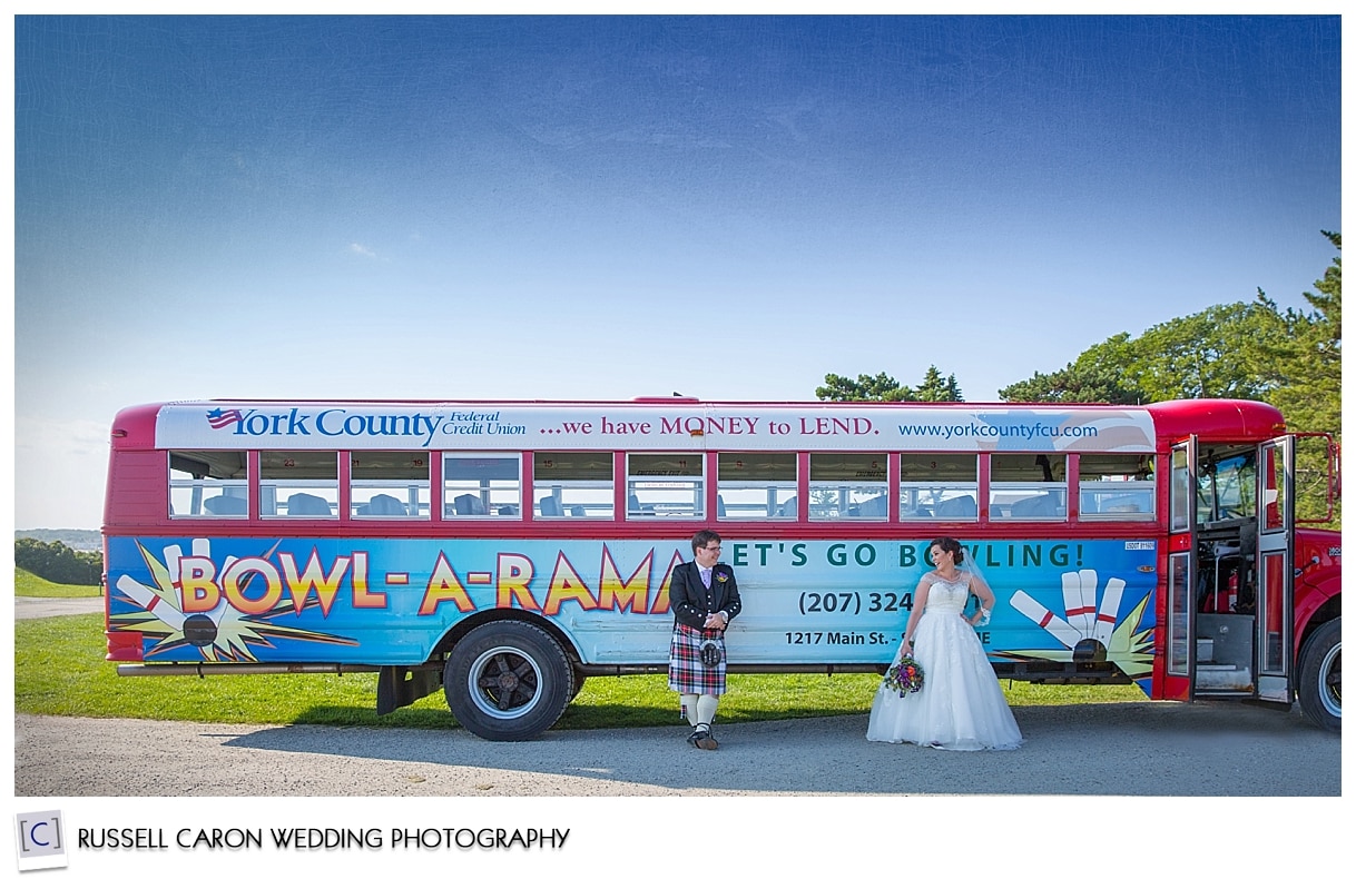 Bride and groom with Bowl-a-rama bus