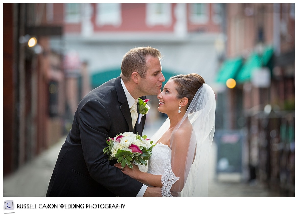 Bride and groom on Wharf St, Portland, Maine