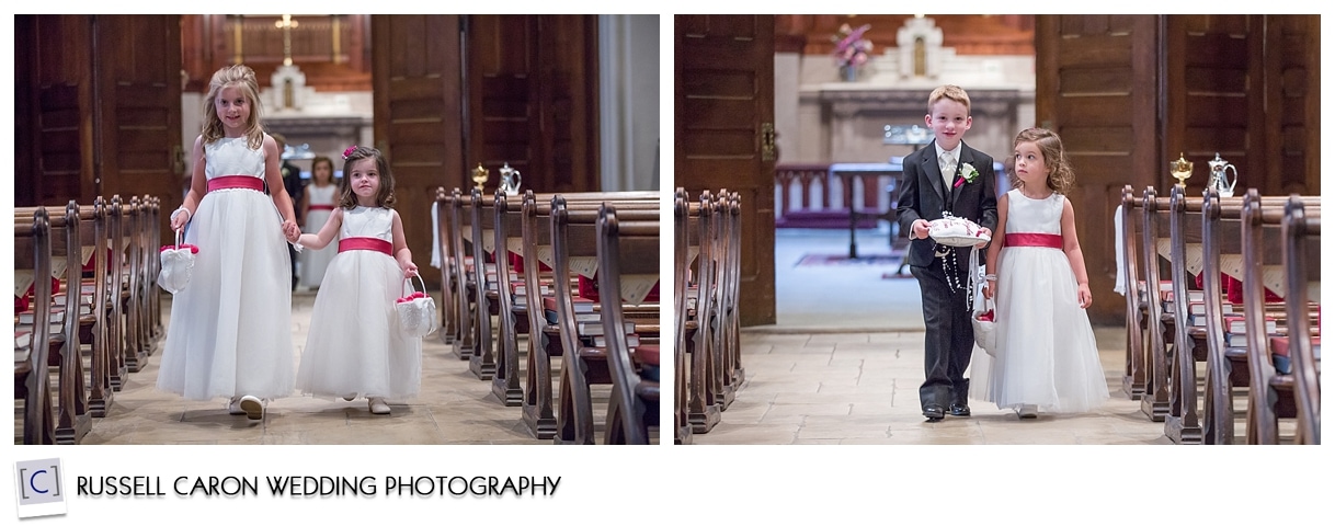 Flower girls and ring bearer walking down aisle