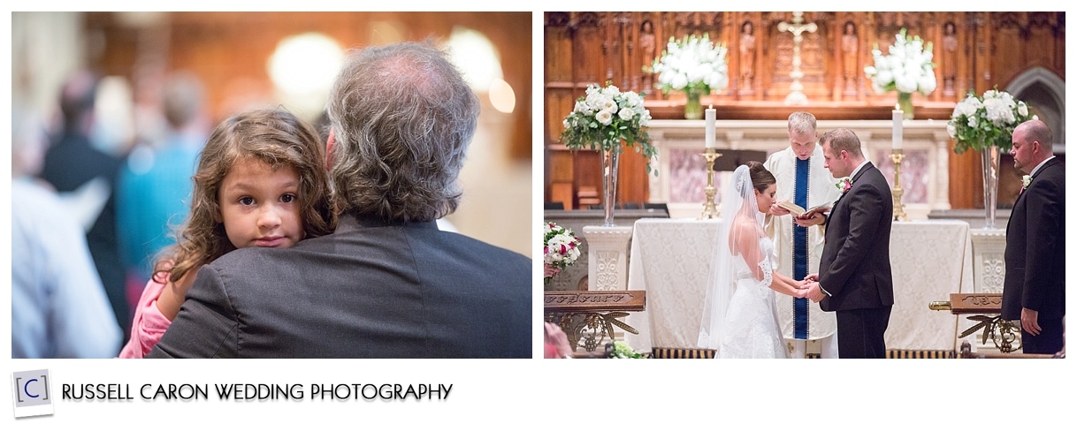 Bride and groom bowing heads in prayer