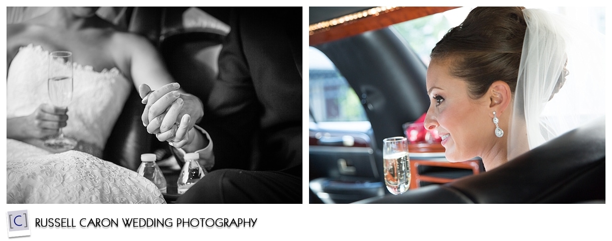 Bride and groom in limo