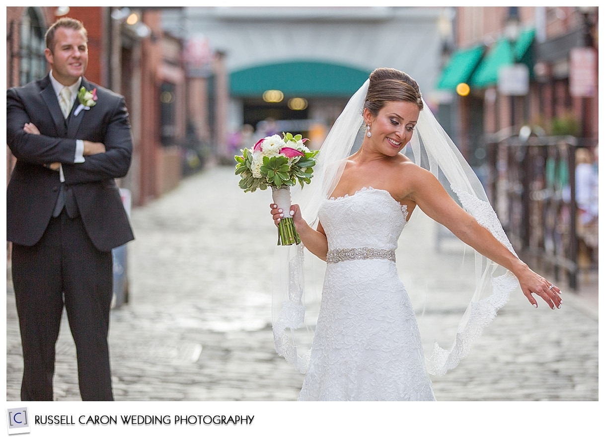 Bride and groom on Wharf Street Portland Maine