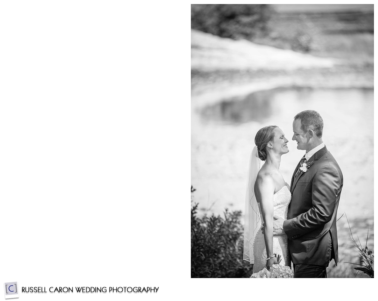 Bride and groom near pond