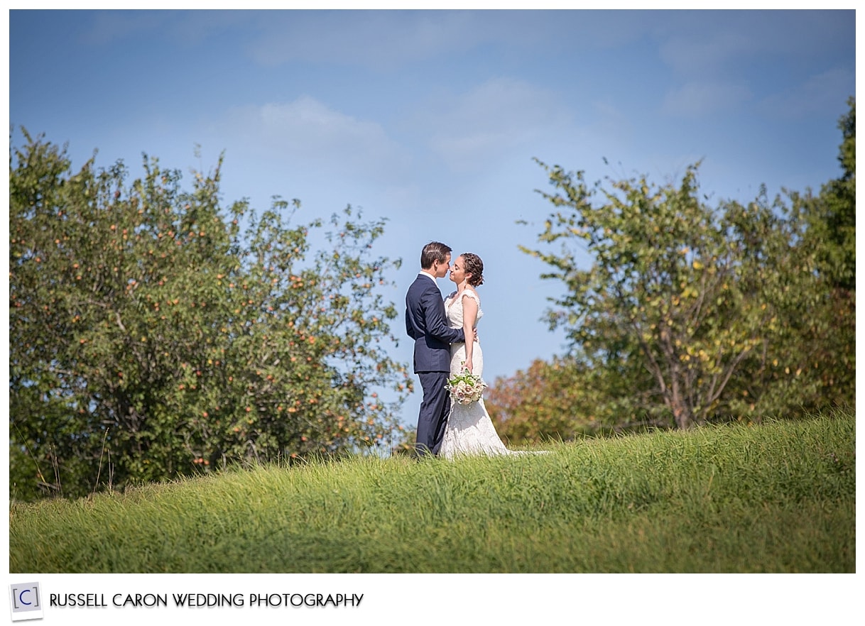 Bride and groom in field