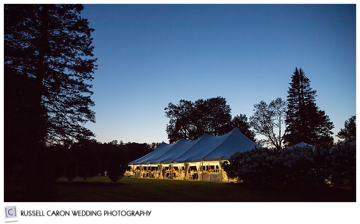 Pineland Farms wedding tent at dusk