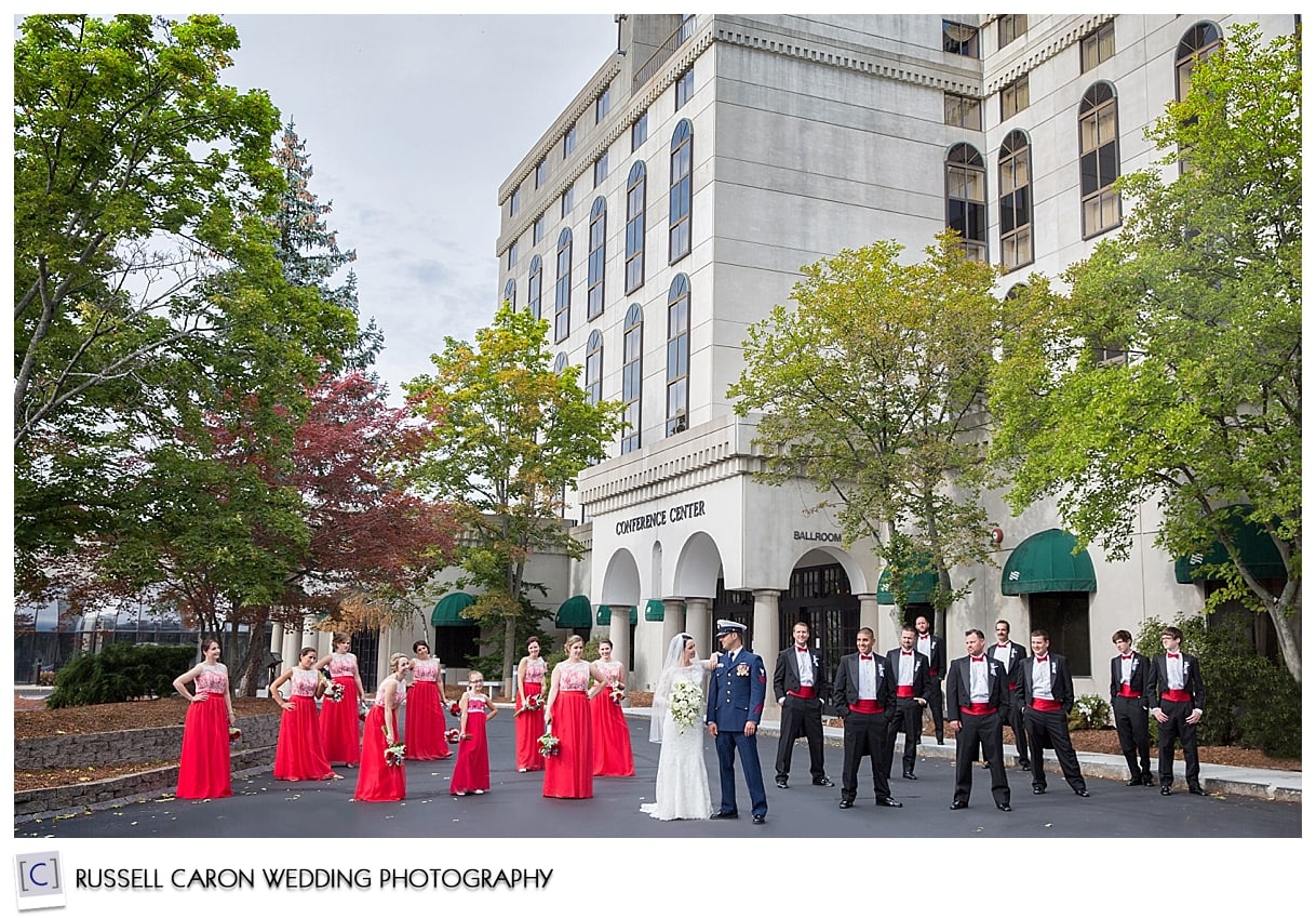 New Hampshire wedding party outside Crowne Plaza Nashua, by Maine wedding photographers, Russell Caron Wedding Photography