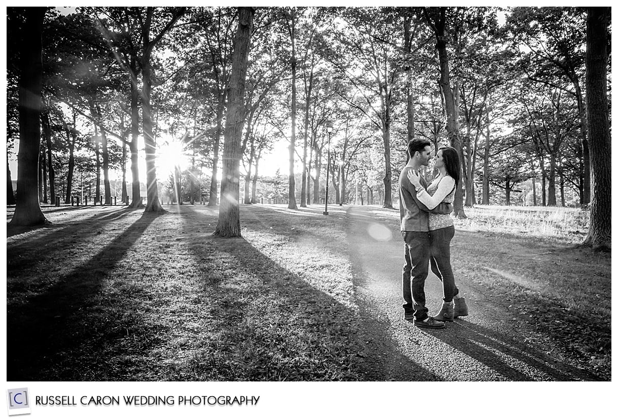Couple embracing in Deering Oaks, Portland Maine