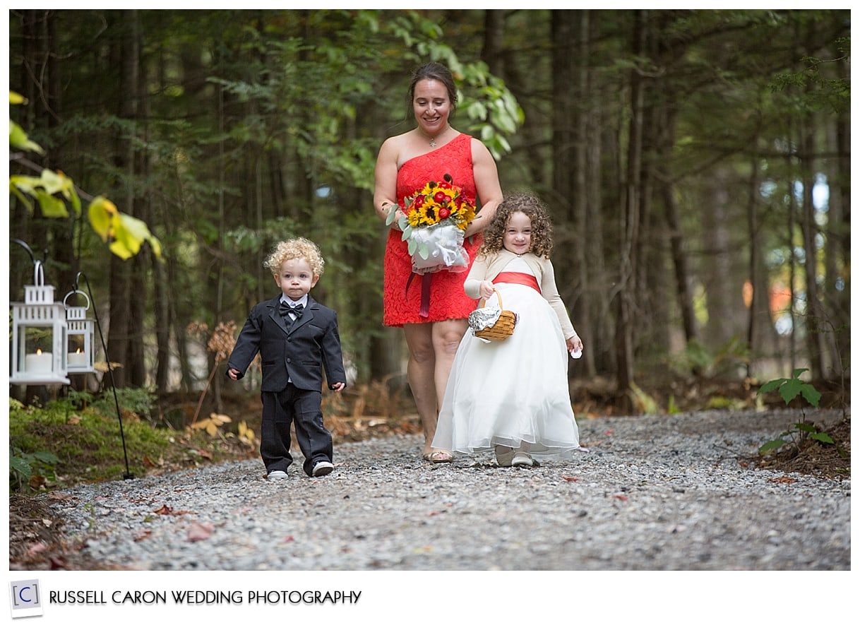 Bridesmaid, flower girl, and ring bearer at Granite Ridge Estate, Norway, Maine