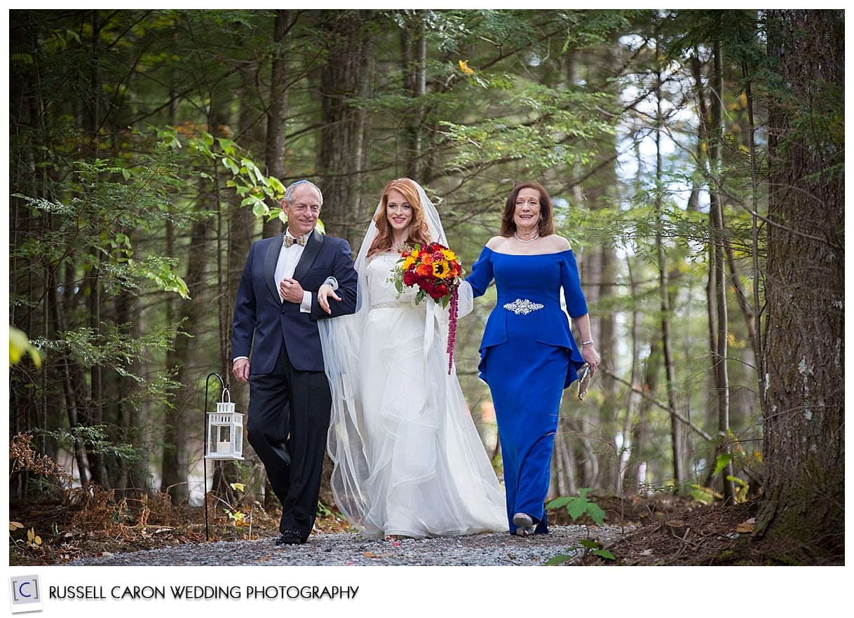 Mallory and her parents walk down the aisle, Granite Ridge Estate, Norway, Maine