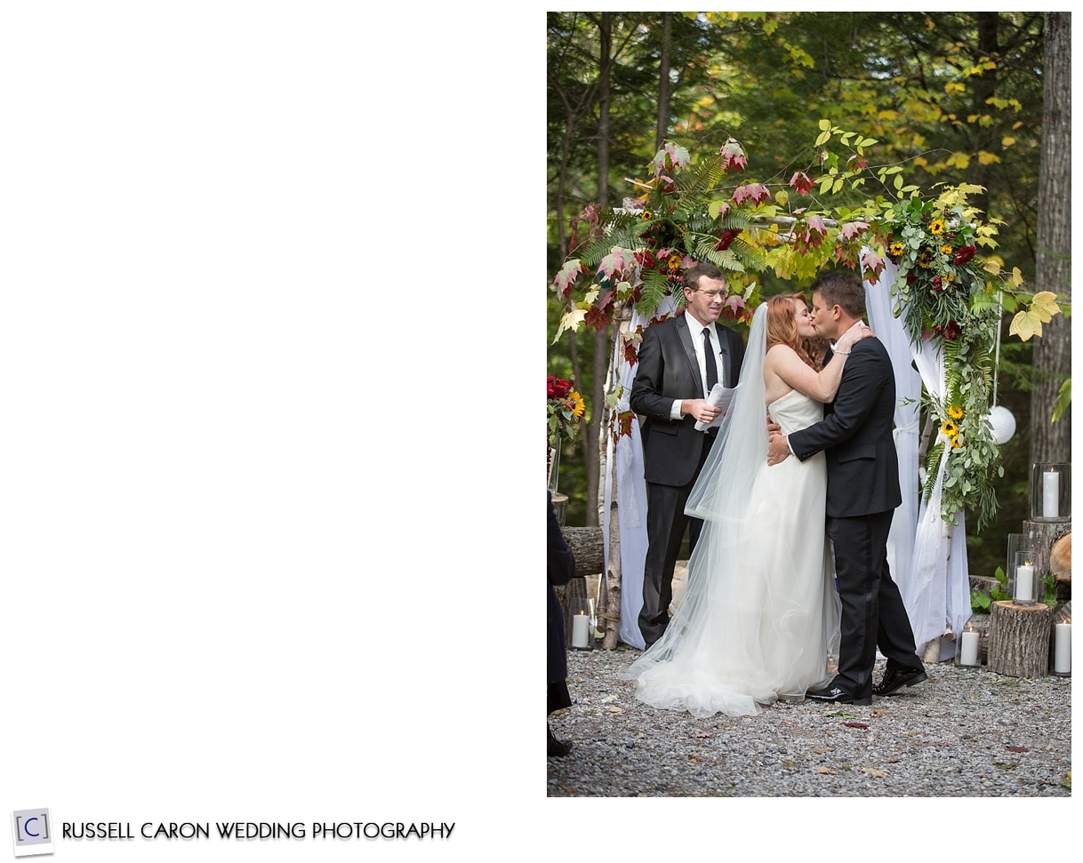 Bride and groom during first kiss