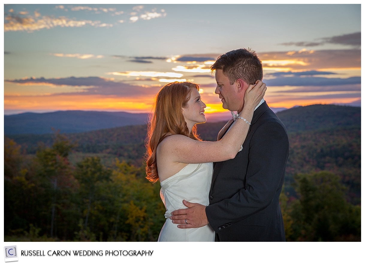 Bride and groom during sunset Norway, Maine