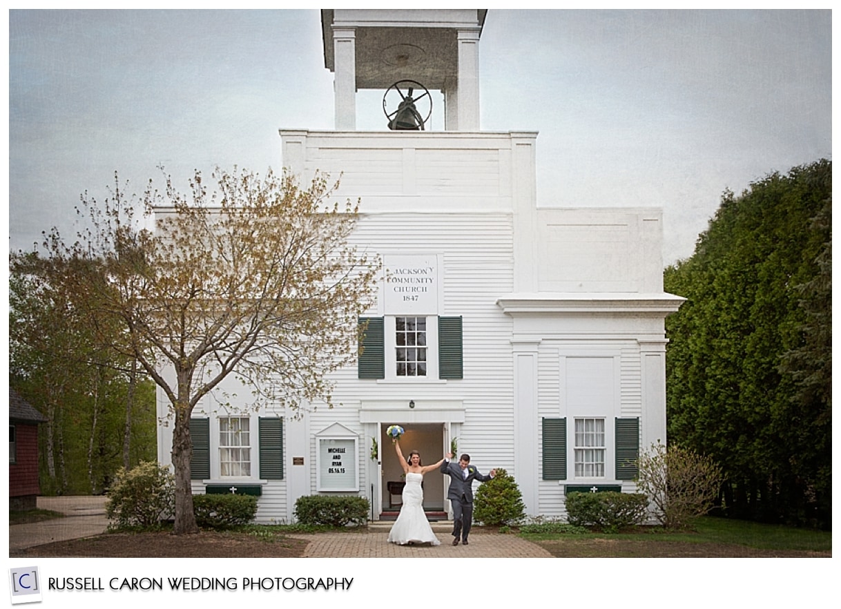 Happy bride and groom in front of church, Jackson, NH