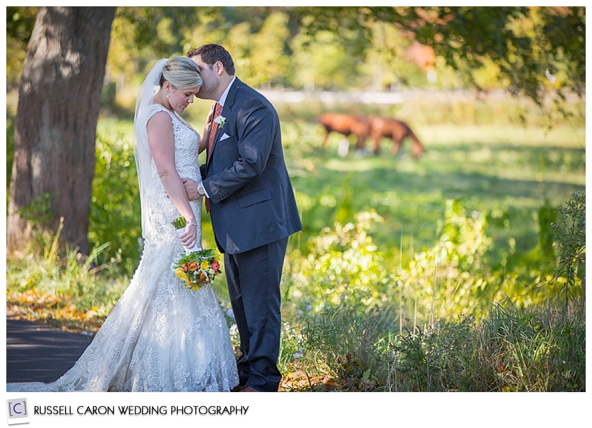 Bride and groom embracing near field