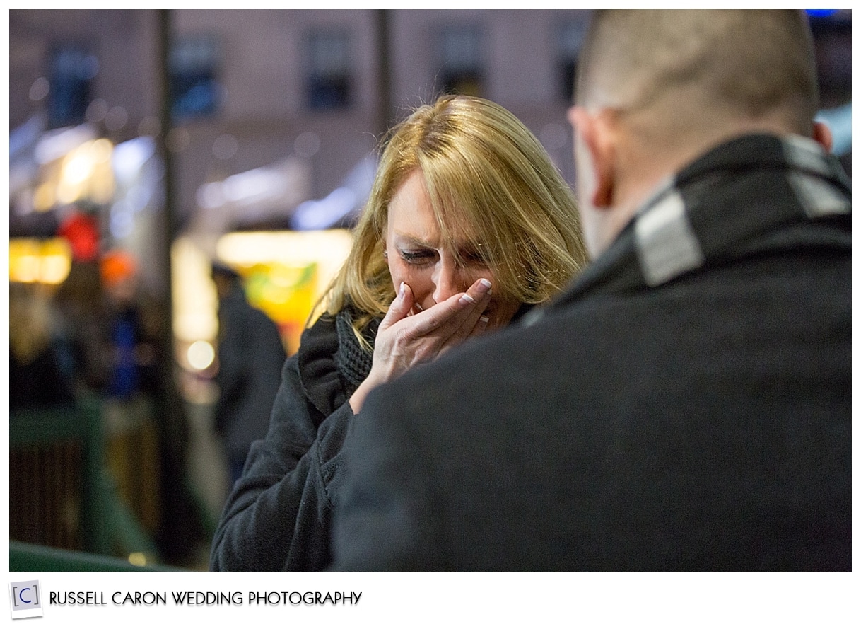 Tearful fiance after proposal in Rockefeller Center