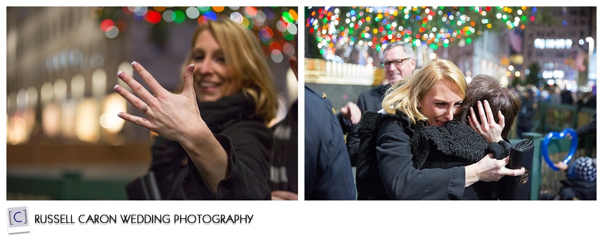 Woman showing engagement ring after NYC proposal
