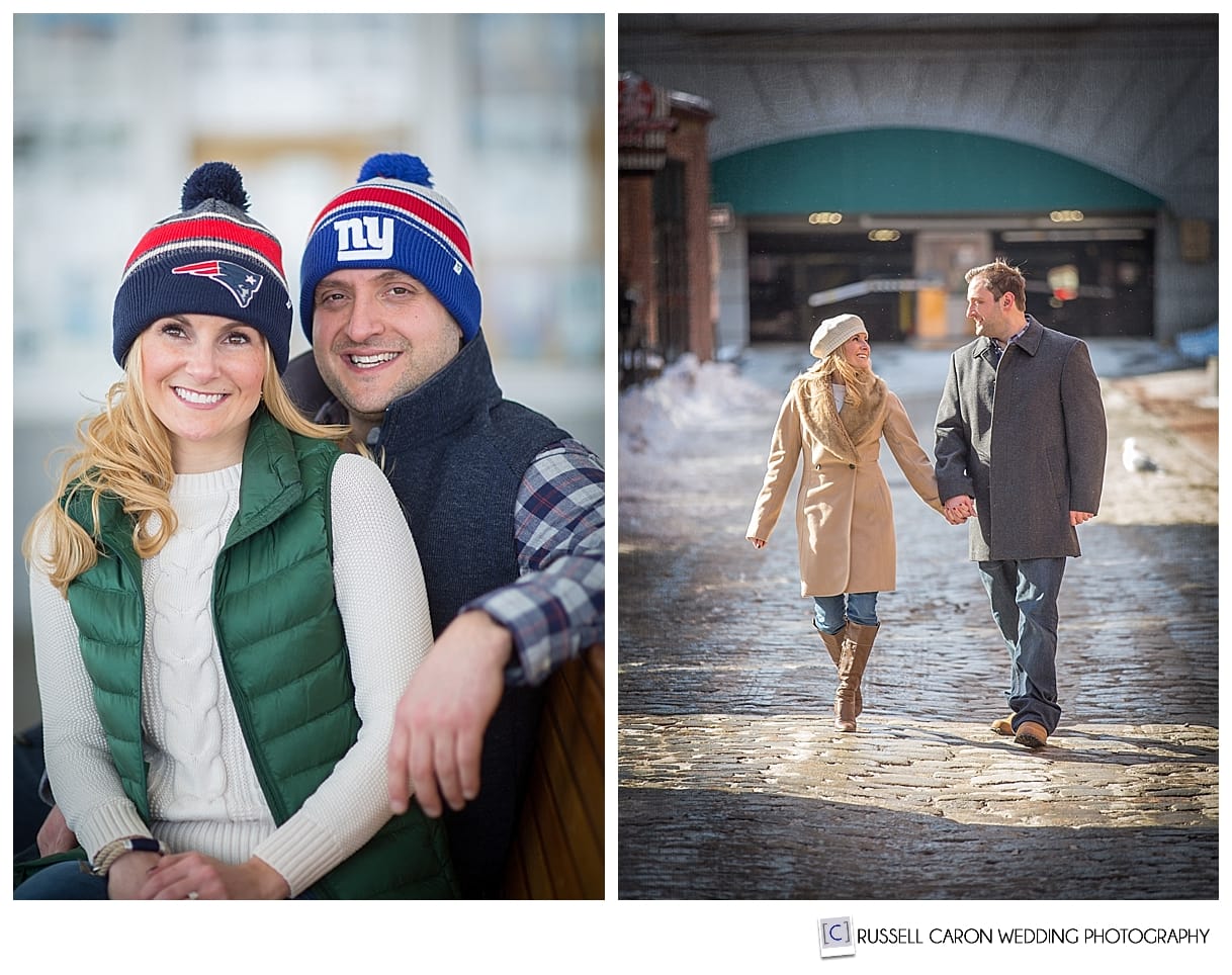 Couple walking in Portland Maine, sitting with NFL hats