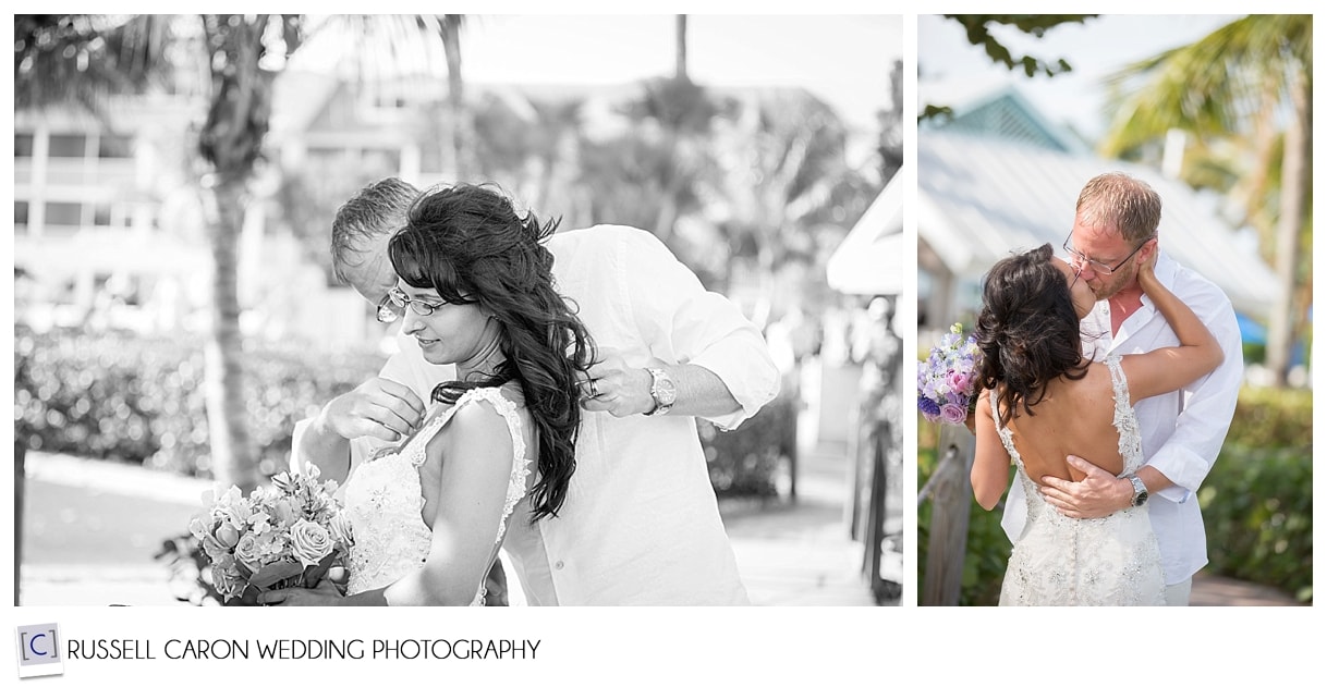 Bride and groom during wedding day first look, Casa Ybel, Sanibel Island, Florida