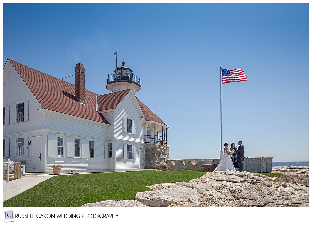 Bride and groom during wedding ceremony at Inn at Cuckolds Lighthouse
