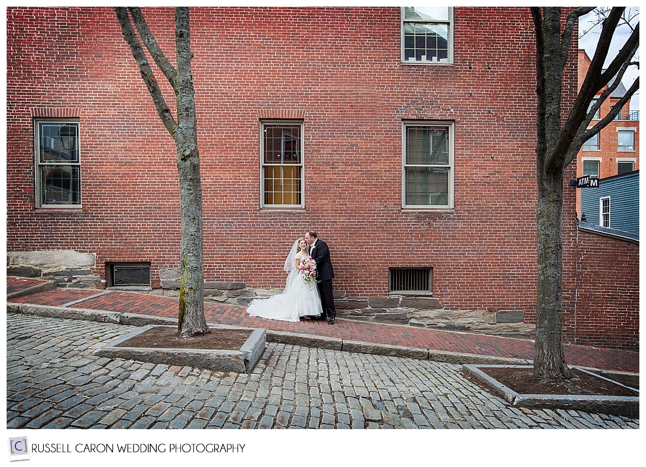 Bride and groom in the Old Port, Portland Maine