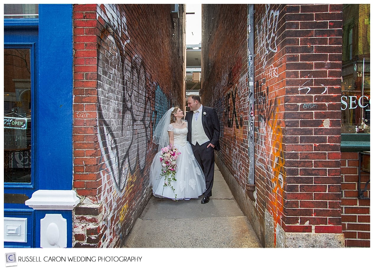 Bride and groom on Exchange Street at their Portland Maine wedding