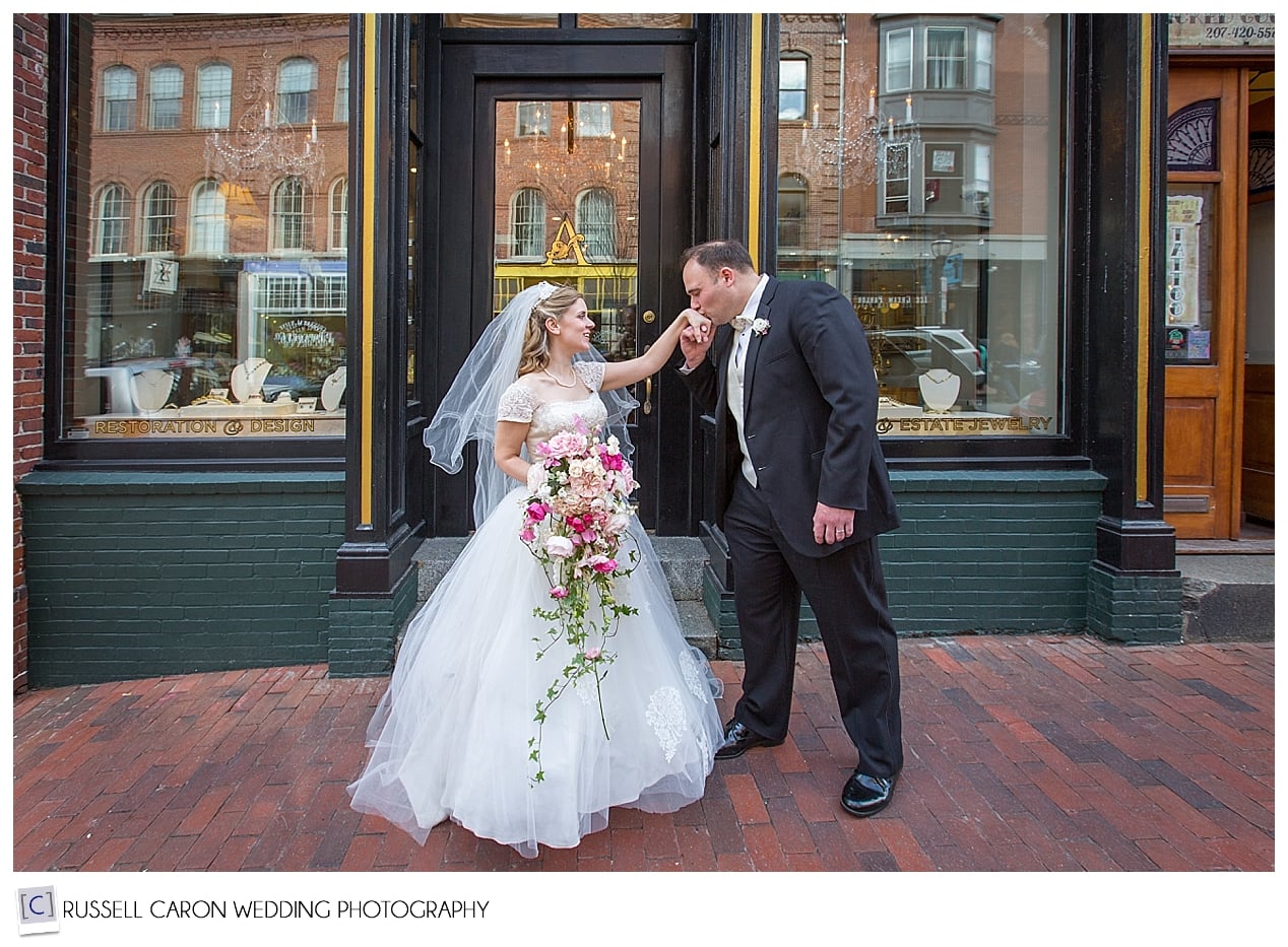 Bride and groom on Exchange Street, Portland Maine
