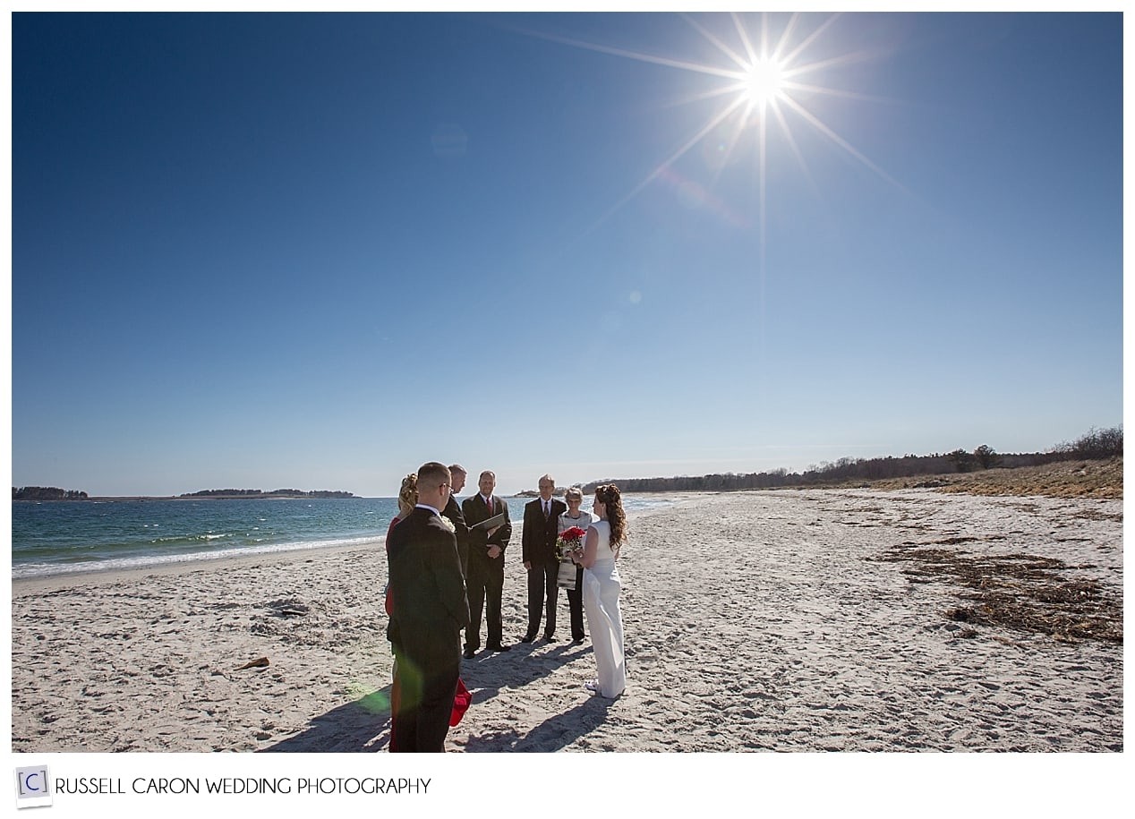 April wedding ceremony on Crescent Beach, Cape Elizabeth
