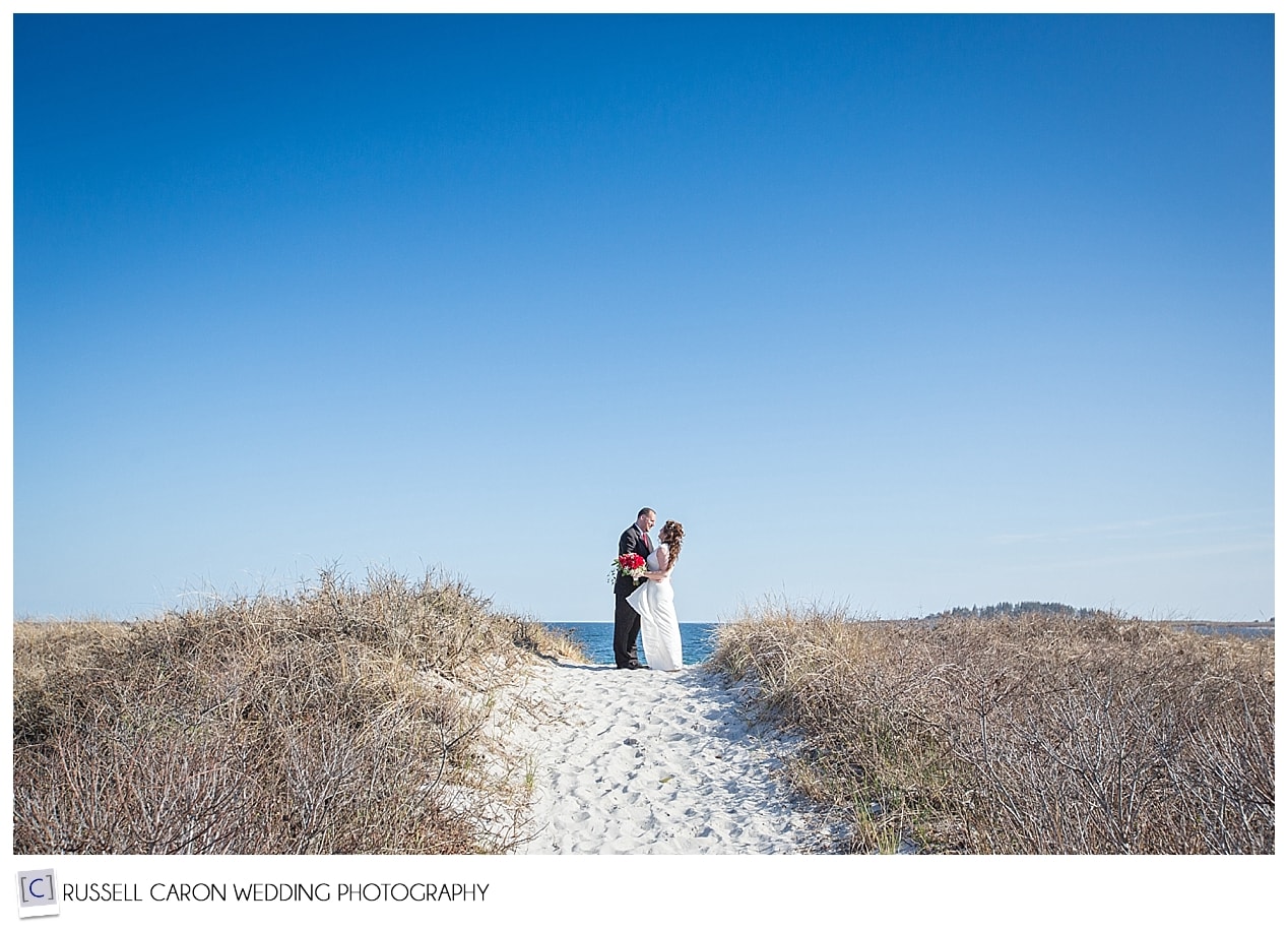 Bride and groom at Crescent Beach, Cape-Elizabeth-wedding-photography