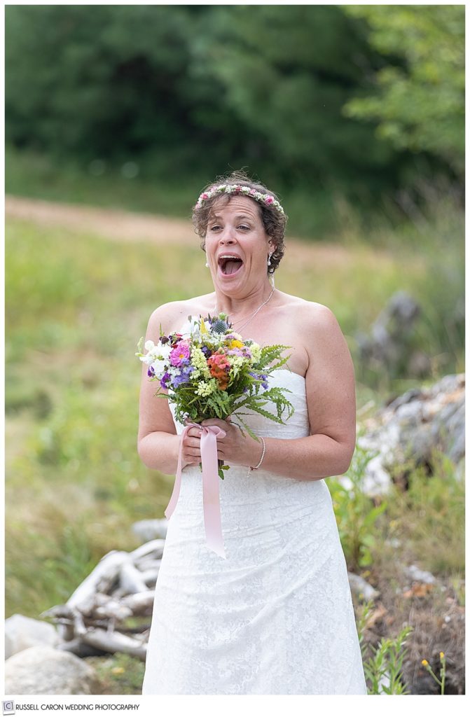 bride during a surprised first look, Somes Sound Maine wedding