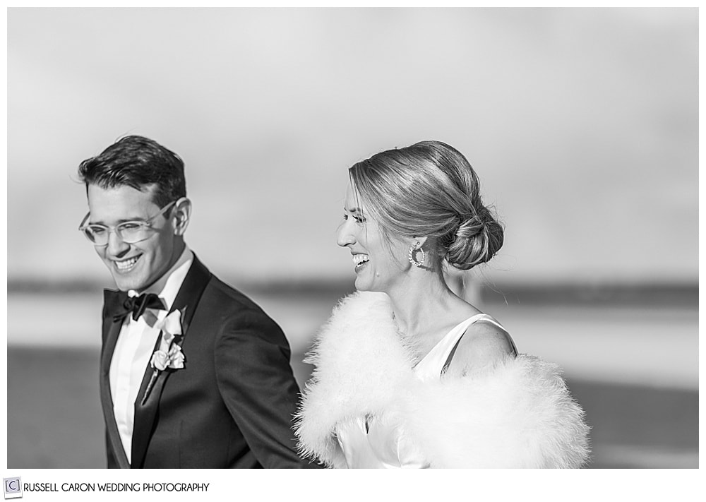 glamorous bride + groom walking on Ogunquit Beach, Ogunquit, Maine