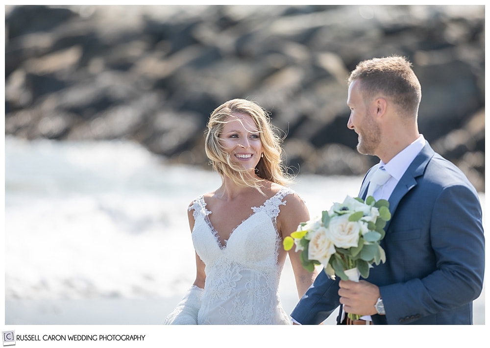 carefree bride and groom at Colony Beach in Kennebunkport, Maine