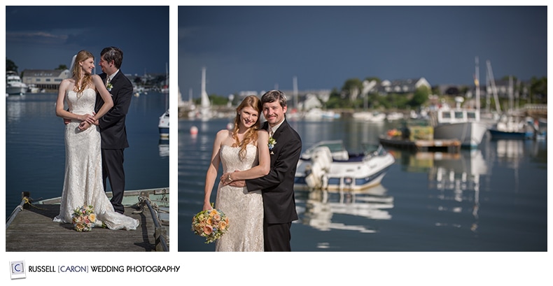 Bride and groom on the dock in York Harbor, Maine