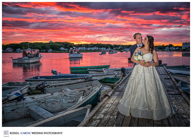 Bride and groom and a stunning sunset in Cape Porpoise, Kennebunkport, Maine